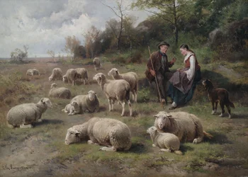 Schäferpaar mit Herde in Weidelandschaft